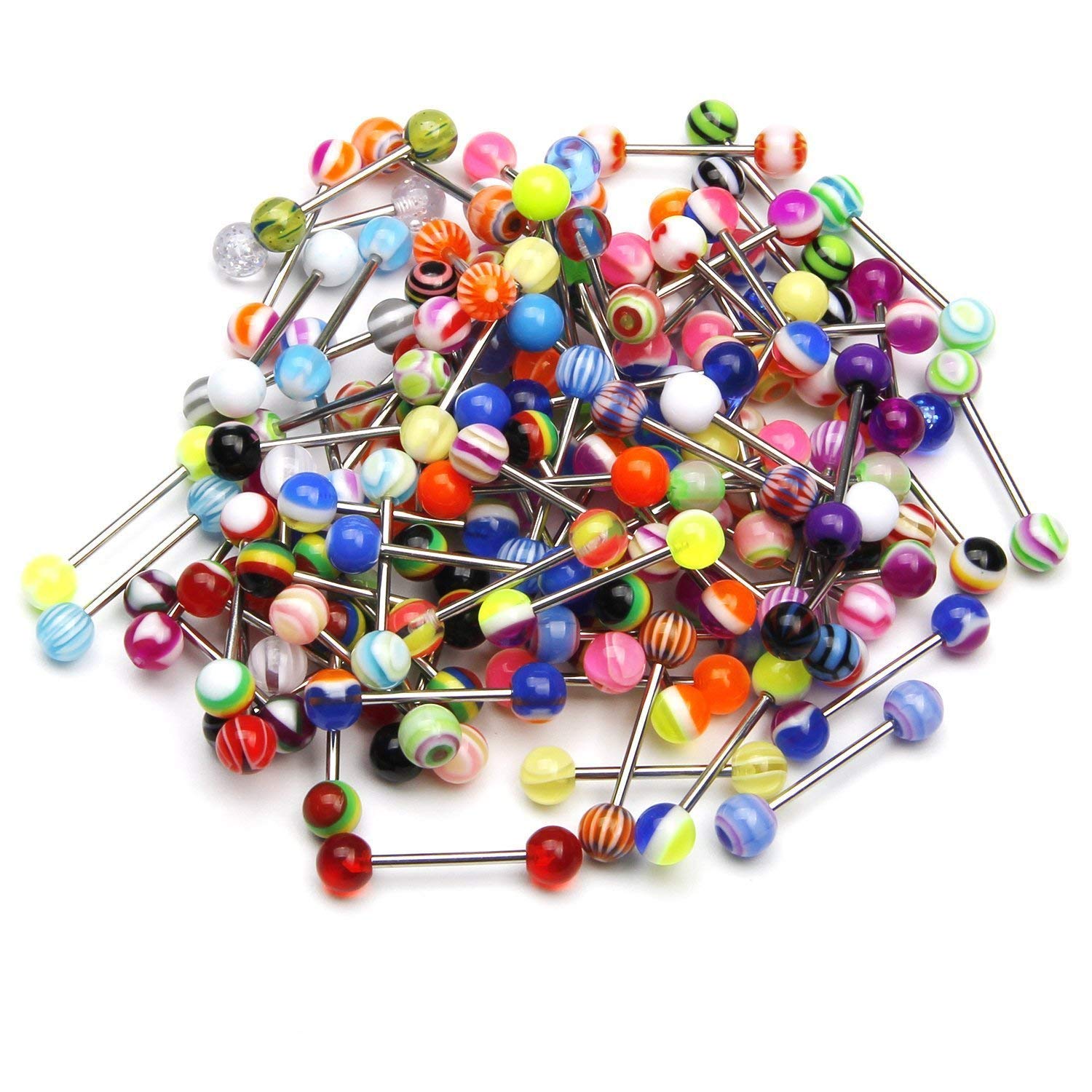 Tongue Rings, Surgical Steel Nipple Button Ring, 14G 110 pcs Straight Barbells Piercing with Assorted Colors Acrylic Ball, 16 mm Tongue Body Ring Jewelry for Men, Women