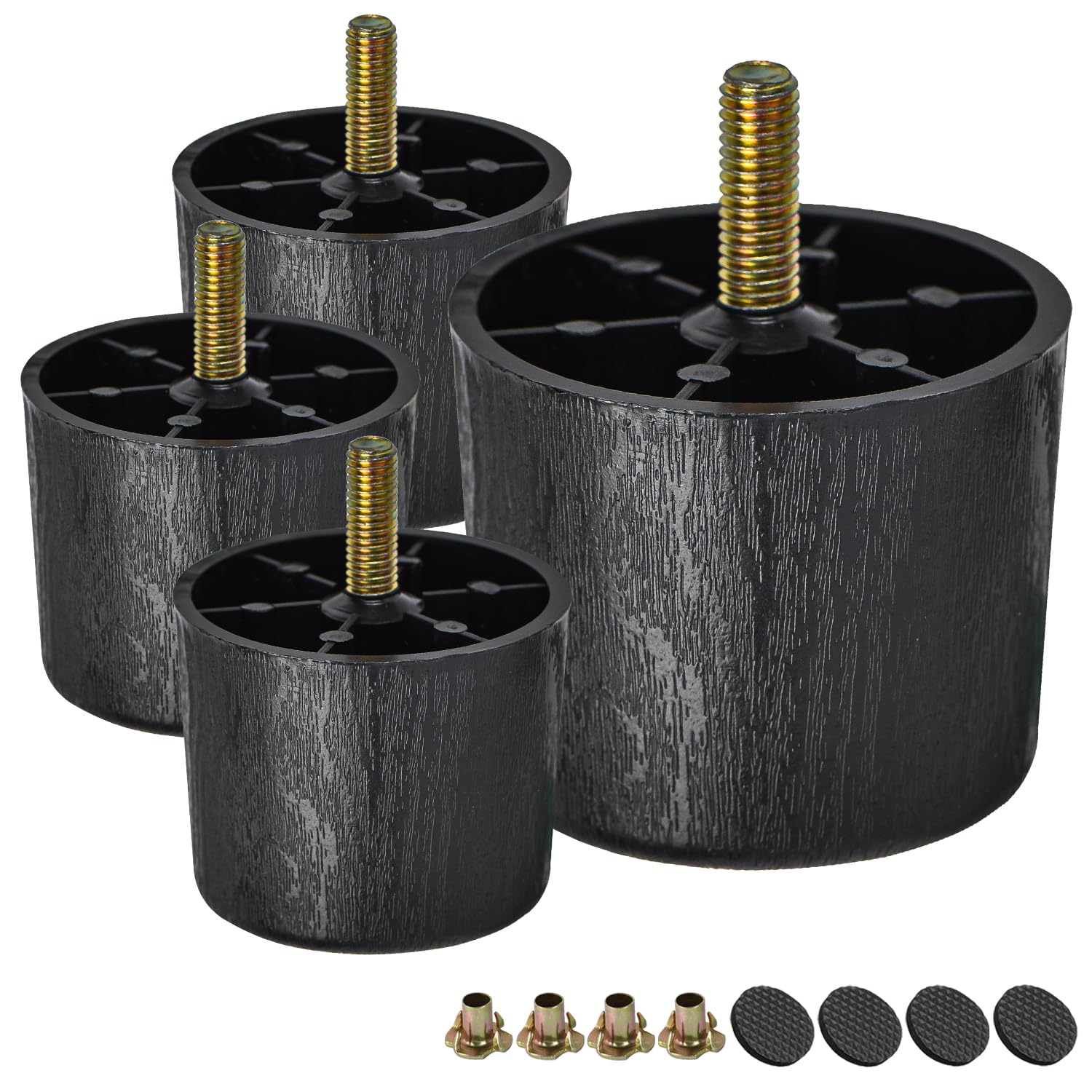 TCHOSUZ 3 inch / 8cm Plastic Furniture Legs, Pack of 4 Mid Century Modern Plastic Light Tapered Wood Grain Replacement Feet with M8 Hanger Bolts & T-Nuts for Sofa Couch Bed Riser