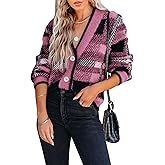 Imily Bela Womens Cardigan Sweaters Plaid Fuzzy Knit V Neck Button Down Long Sleeve Cozy Cardigans Pullover Tops