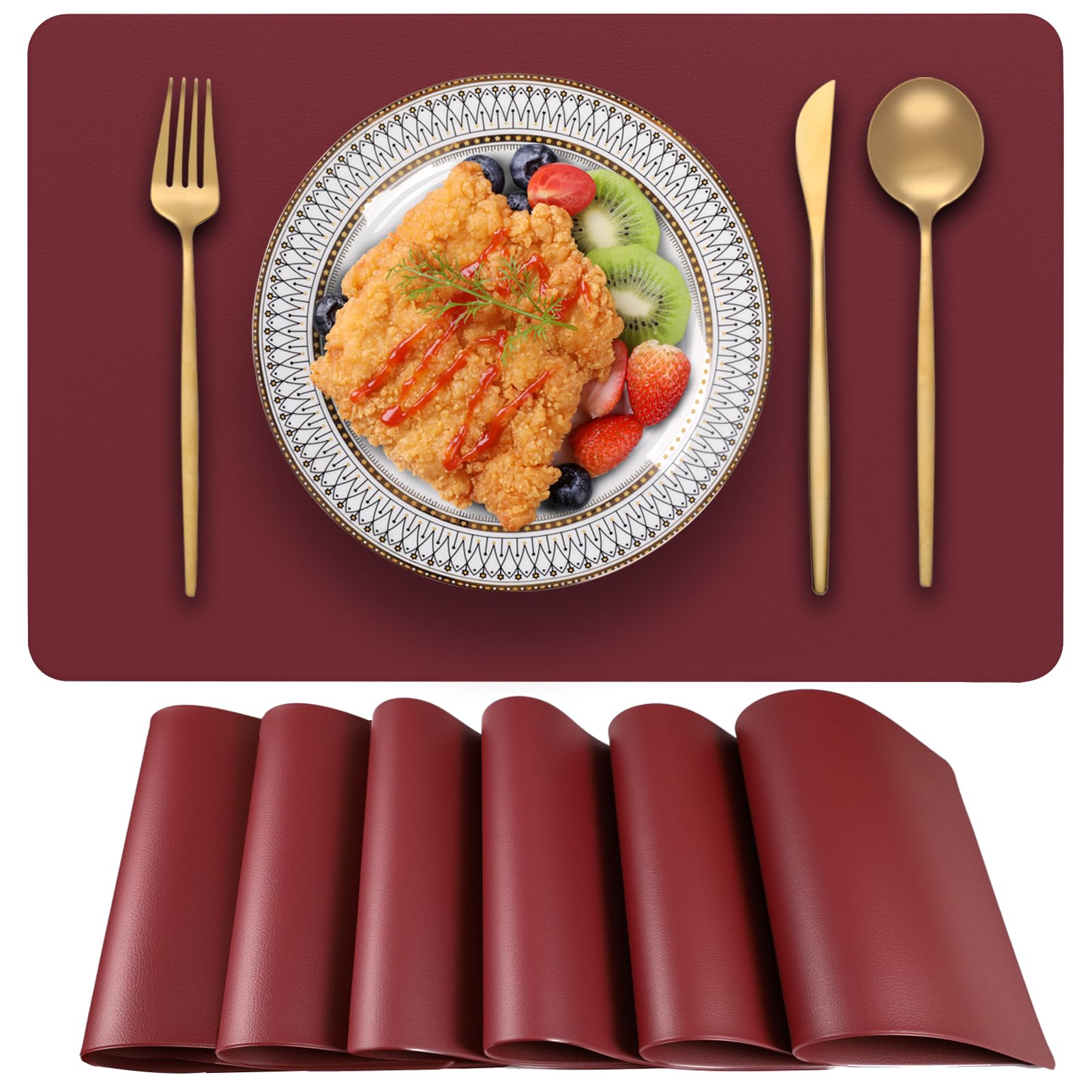 Blibalaskr PVC Heat Resistant Placemats Set of 6,Waterproof Wipeable Floor Place Mats,Non-Slip Easy Clean Table Mats for Kitchen Table Decor,12×18 Inch (Burgundy)