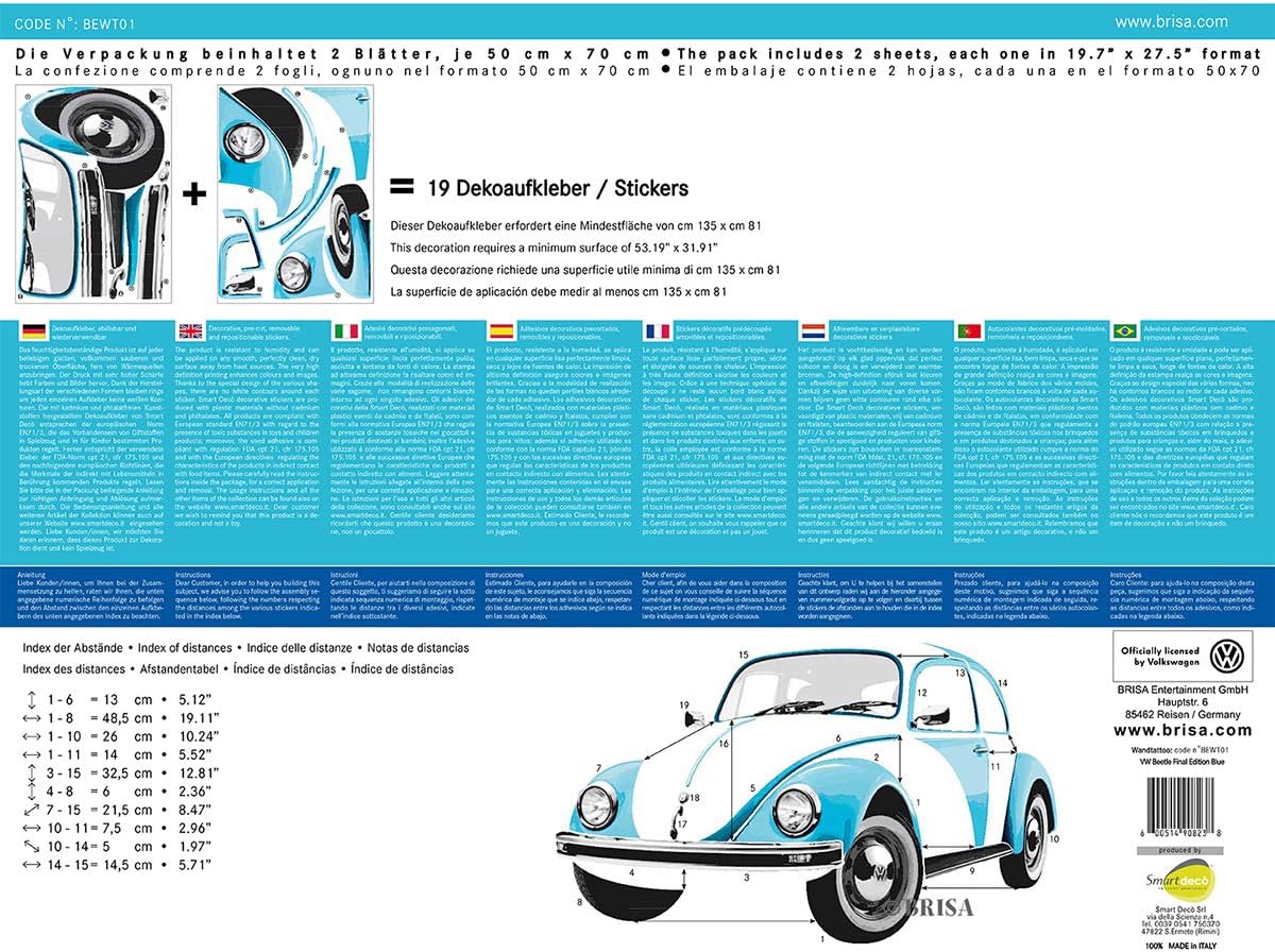 BRISA VW Collection Volkswagen Selfadhesive Wall Tattoo Sticker Decoration Poster with T1 Bus Campervan Design (Beetle/Blue) - Image 4