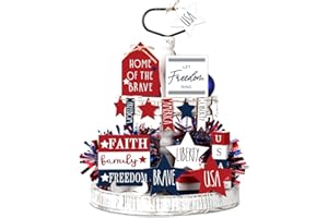 FAIRYSANDY 15 Pcs 4th of July Tiered Tray Decor Patriotic Table Decor Wood Signs Independence Day Decorations for Memorial Day American Star Red White Blue Farmhouse Home Party