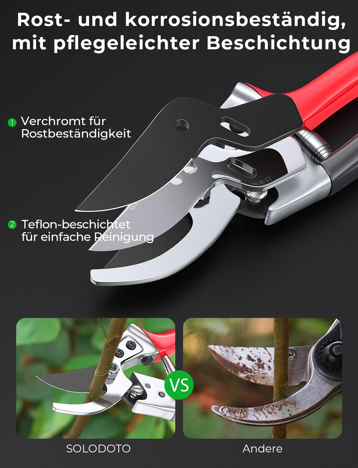 SOLODOTO Profi Gartenschere – 6× schärfer, Japanischer SK5-Kohlenstoffstahl, Bypass-Schneide, 25 mm Schnittdurchmesser, für trockenes, frisches Holz, Profi Rosenschere, Pflanzenschere 4