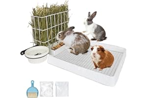 BESNEW 3 in 1 Rabbit Hay Feeder with Litter Box,Upgraded Metal Hay Rack & Litter Tray & Water Bowl,Quick Cleaning,Easy to Install,Bunny Supplies for Rabbit Guinea Pig Chinchilla Small Animals