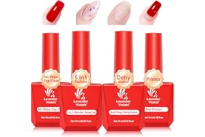 Lavender Violets 4pcs 15ml Nail Prep Dehydrator Primer 5 in 1 Builder Base Coat Glossy No Wipe Top Coat Set Quick Drying Durable DIY Nail Art Design Long Lasting Gift A2478