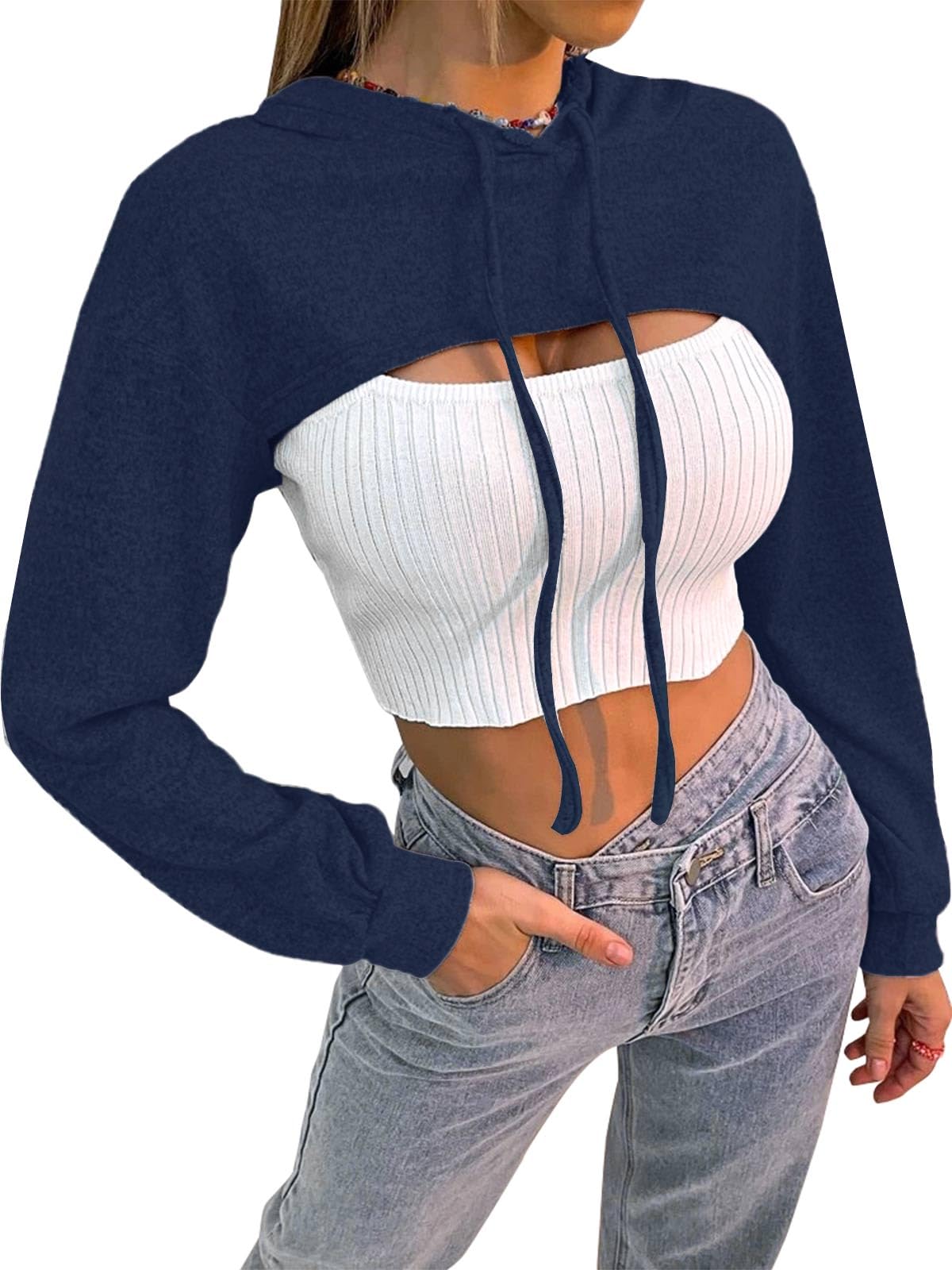 Photo 1 of (BAGGED) (USED/FAIR) Women Long Sleeve Cropped Crop Top Hoodies Sweatshirt Dance Clothes Casual Workout Going Out Tops Navy Blue S