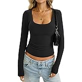 EasyGala Womens Cotton Ribbed Knit Tops Scoop Neck Long Sleeve Shirts Slim Fit Stretchy Going Out Fall Trendy Clothes