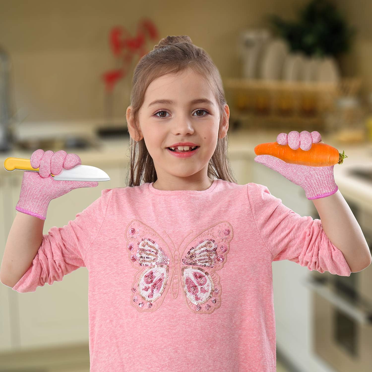 EvridWear Kids Cut Resistant Gloves for Kitchen Use, Oyster Shucking, Scraping, Slicing, Crafts, DIY, Garden and Yard works. Children Food Grade Kevlar Safe Hands from Knife and Tool S (4-7YRS) Pink: Clothing