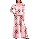 SOOKABEILA Women Christmas Gingham Pajamas Y2k Plaid Puff Sleeve Babydoll Tops Split Wide Leg Pants Xmas Ruffle Sleepwear