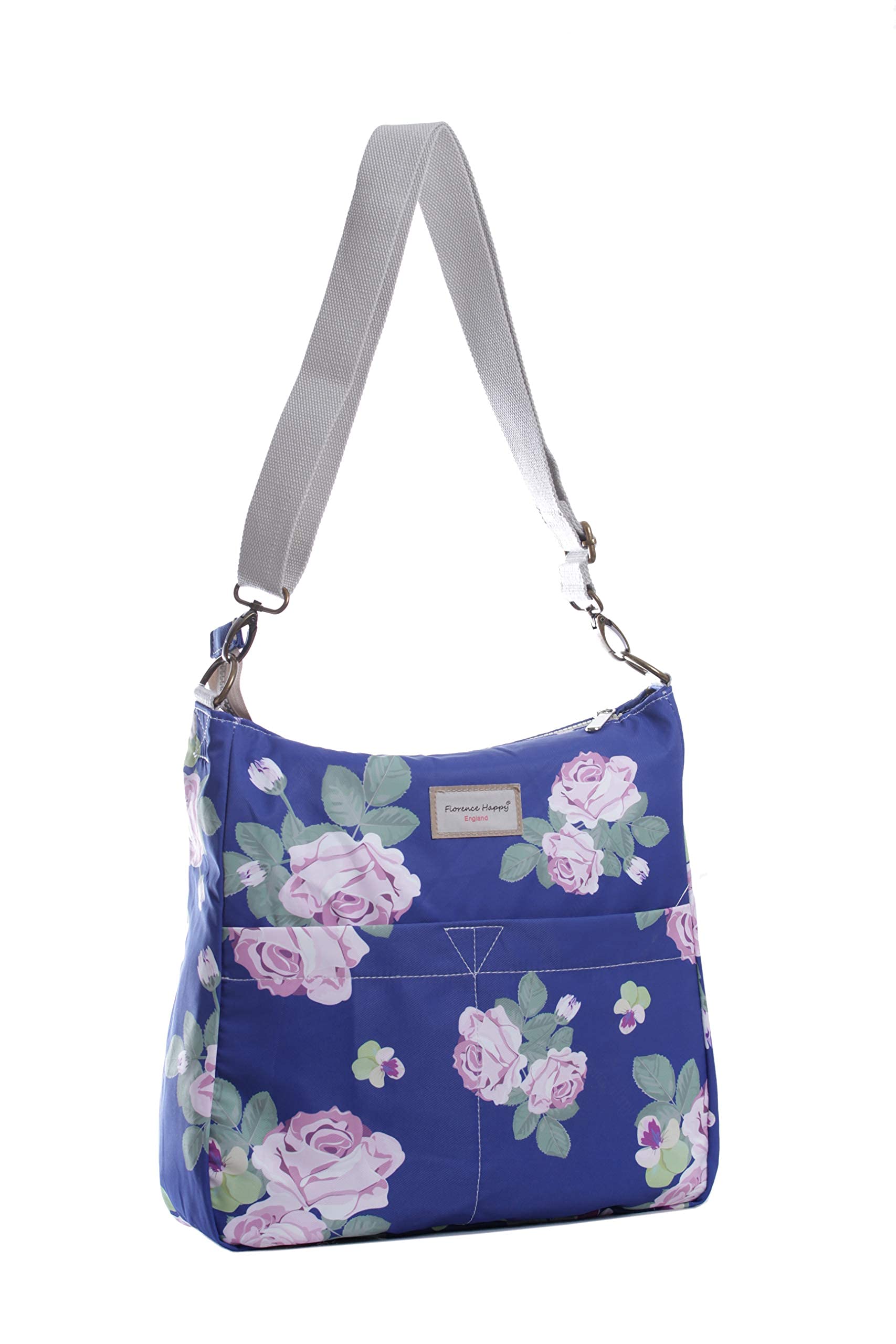 Florence Happy @ England Reversible Messenger Cross Body Canvas Shoulder Bag Floral Owl Stripe Print (large, jeans floral/blue spot)