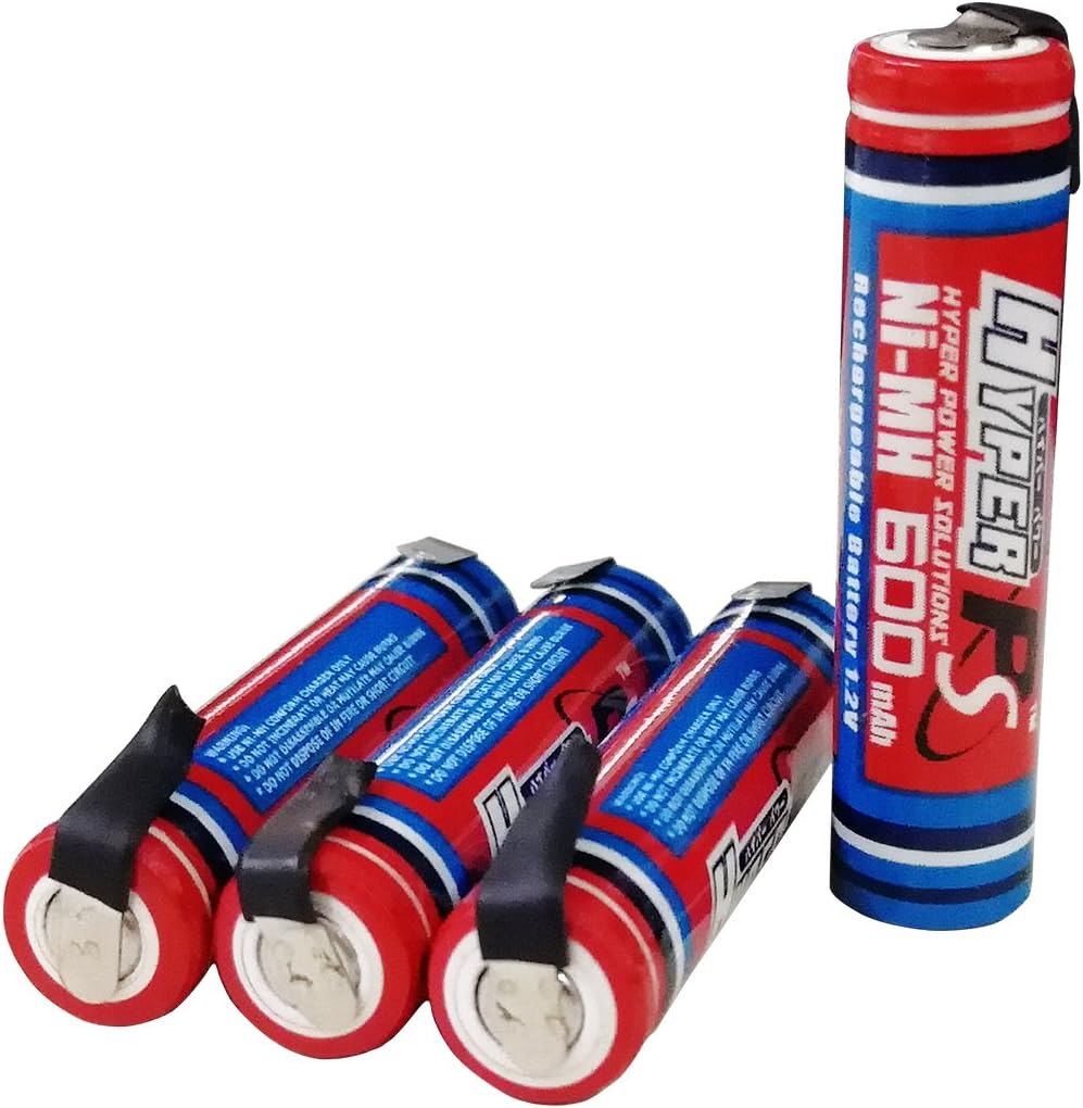 HYPERPS (4-Pack) 1.2V AAA 600mAh Ni-MH Rechargeable Battery for High-Drain Devices, Quick Charge (Flat Top w/Soldering Tabs)