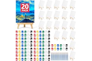 Pomaylor 20 Pack 5x7In Canvas Boards for Painting, Mini Canvases with Easels Set, Drawing Kits for Adults & Kids Party with Acrylic Paint, Canva, Easel, Brushes