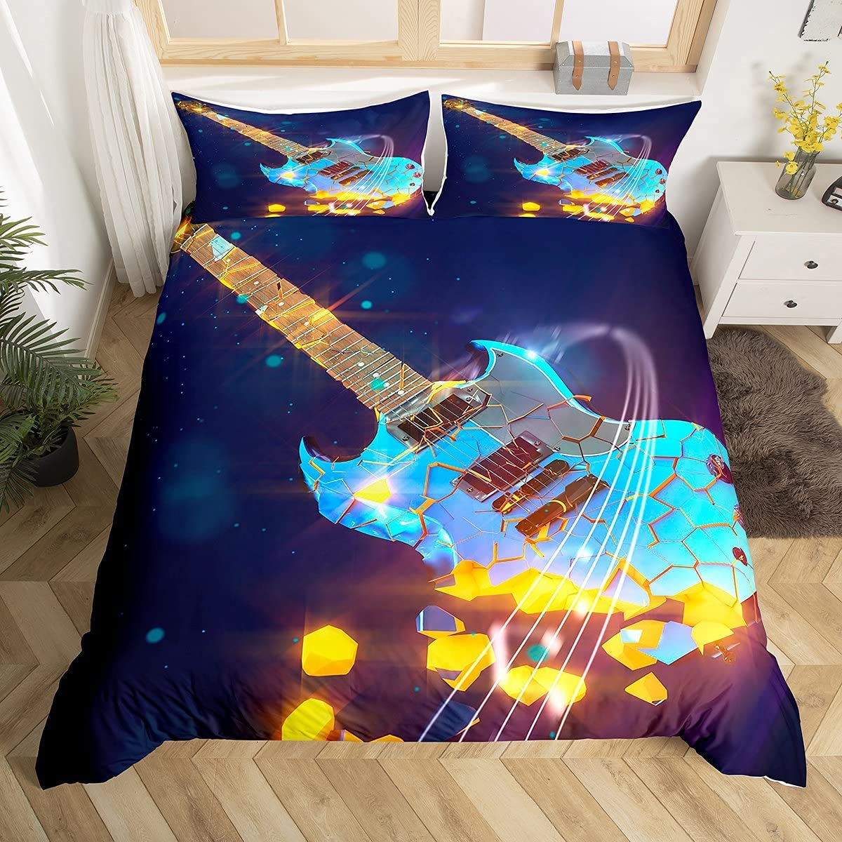 Loussiesd Teen Youth Duvet Cover Super King for Boys Girls Rock Guitar Bedding 3D Guitar Instrument Print Comforter Galaxy Bedspread Personalized Quilt Cover Blue Golden Cool