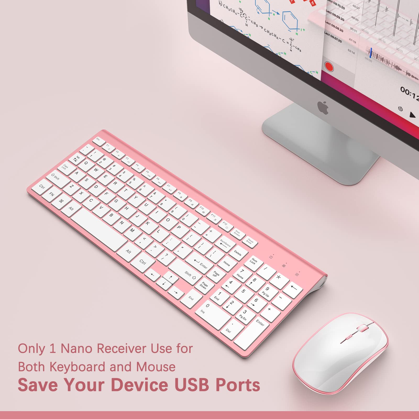 J JOYACCESS Wireless Keyboard Mouse Combo,Typewriter Keyboard Wireless, Portable Pink Wireless Keyboard for Computer/Laptop/Windows/Mac