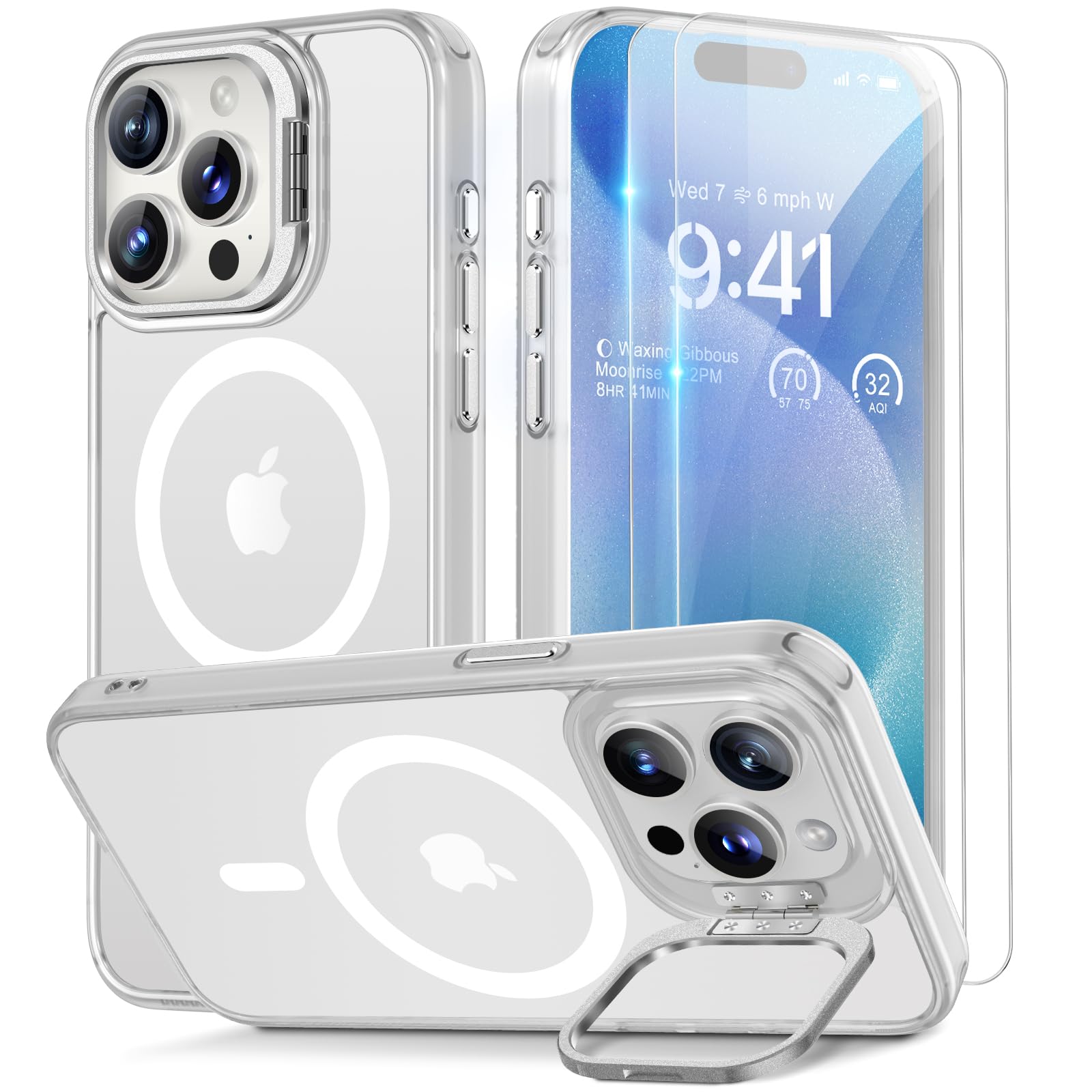 Beeasy for iPhone 15 Pro Case MagSafe Phone Case with 2 Screen Protectors and Stand, Military Shockproof Protective Slim Cover, Case for iPhone 15 Pro 6.1 Inch, Translucent White