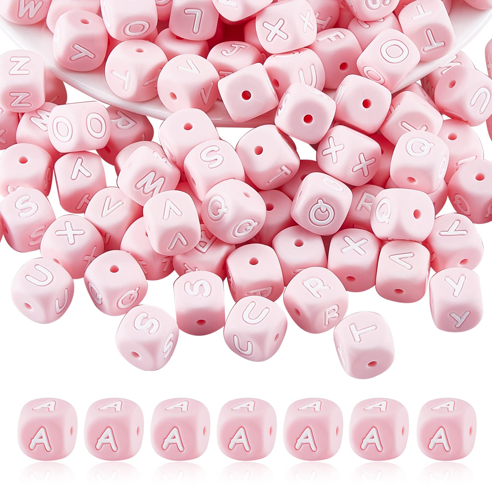 BEEFLYING Pink Cube Silicone Letter Beads - 20pcs, 12mm Square Dice, Alphabet Initials, Large Hole Spacer Beads for Jewelry Making & Decoration