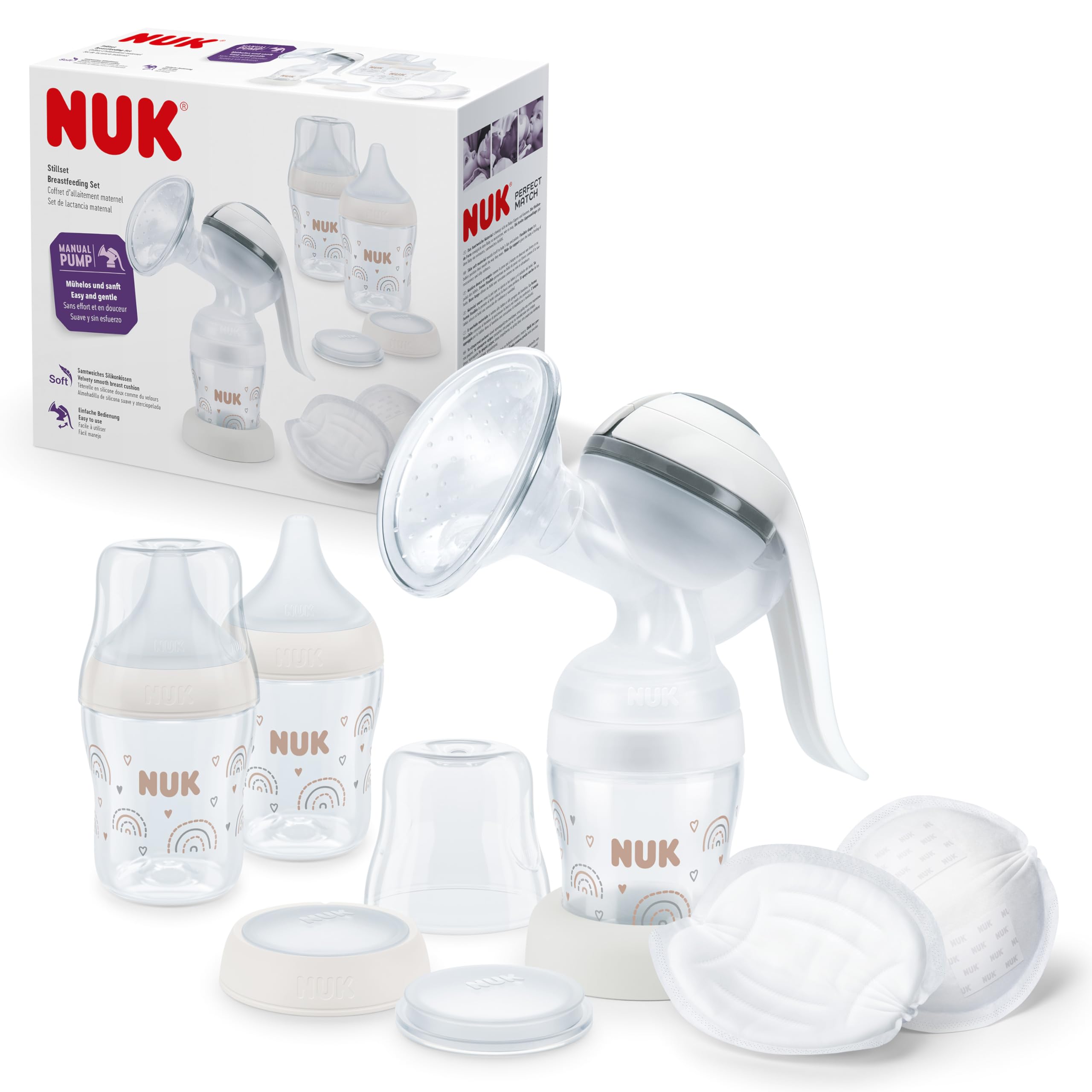 NUK Manual Breast Pump Set | Soft Silicone Cushion | Ergonomic Lever | 2 x Perfect Match Baby Bottles | 150ml | 2 x NUK High Performance Disposable Breast Pads
