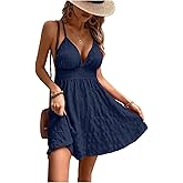 SOLY HUX Women's Summer Dress Deep V Neck Spaghetti Strap Shirred A Line Flowy Textured Vacation Short Dresses Sundress