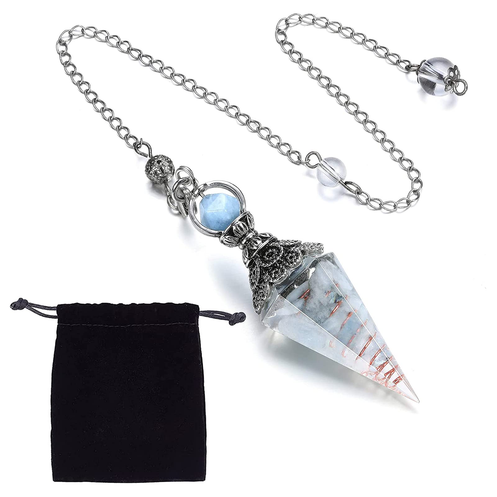 SUNNYCLUE Aquamarine Pendulum Healing Crystal Gemstone Chakra Dowsing Pendulum Necklace with Lobster Claw Clasps & Velvet Cloth Bags for Reiki Healing Balancing Spiritual Point Pendulums Necklace