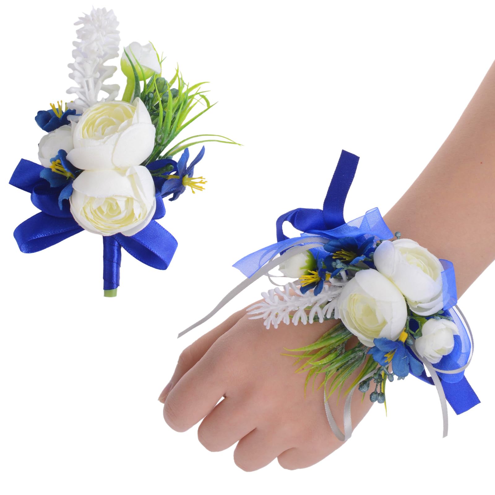 URROMA Wrist Corsage and Boutonniere Set, 1 Set Small White Rose Hand Flower Blue Ribbon for Prom Artificial Wedding Wrist Corsage for Wedding Party Prom