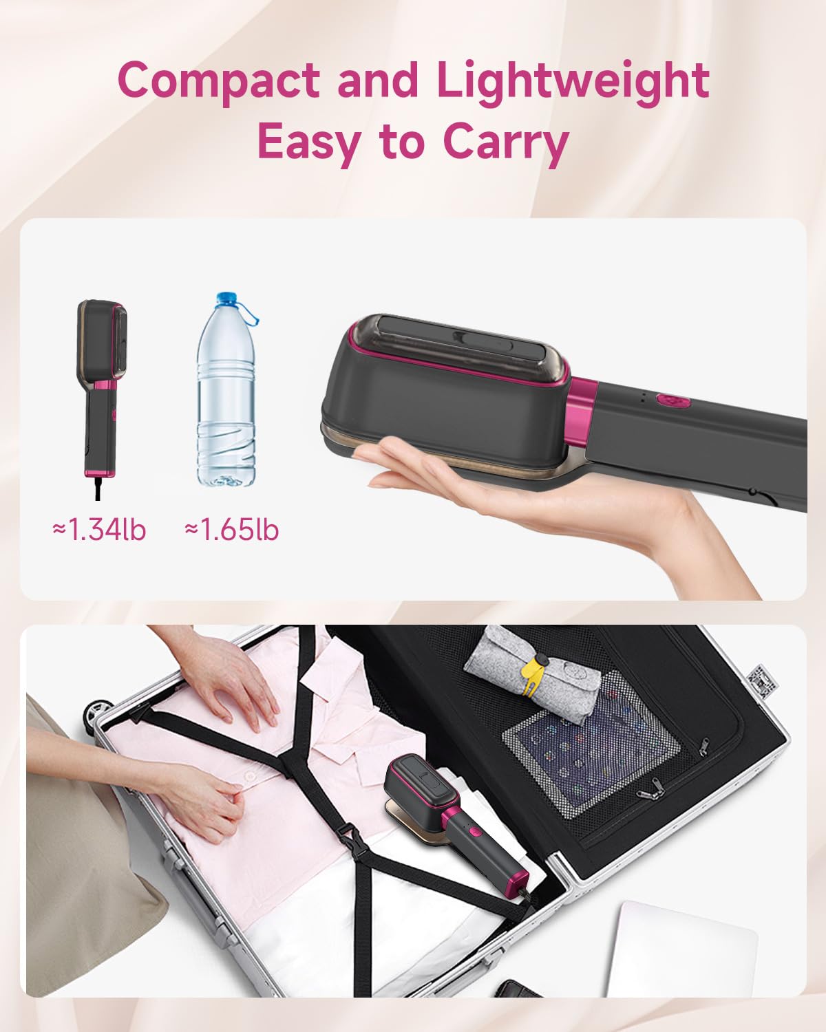 3-in-1 Travel Press Iron Steamer for Clothes, 1000W, 20s Fast Heat Up, 180° Rotating, Portable Handheld Clamp & Vertical Steamer, 65ml Tank, Gray