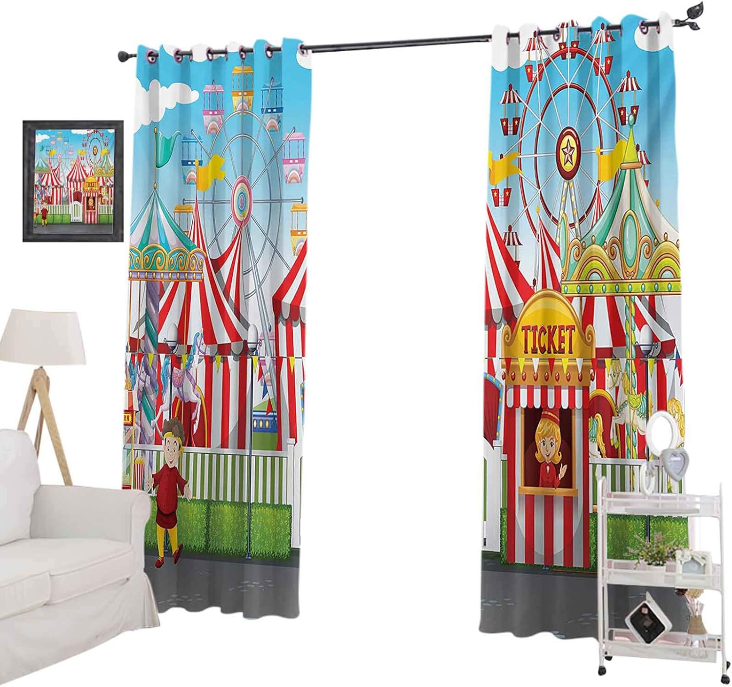 YUAZHOQI Blackout Window Curtain Carnival with Many Rides and Shops