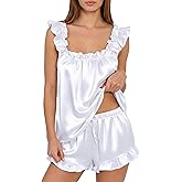 GraceSelect Satin Pajamas for Women Set 2 Piece Cute Ruffle Tank Top and Shorts Pjs Silk Bridal Sleepwear Set Sexy Nightwear