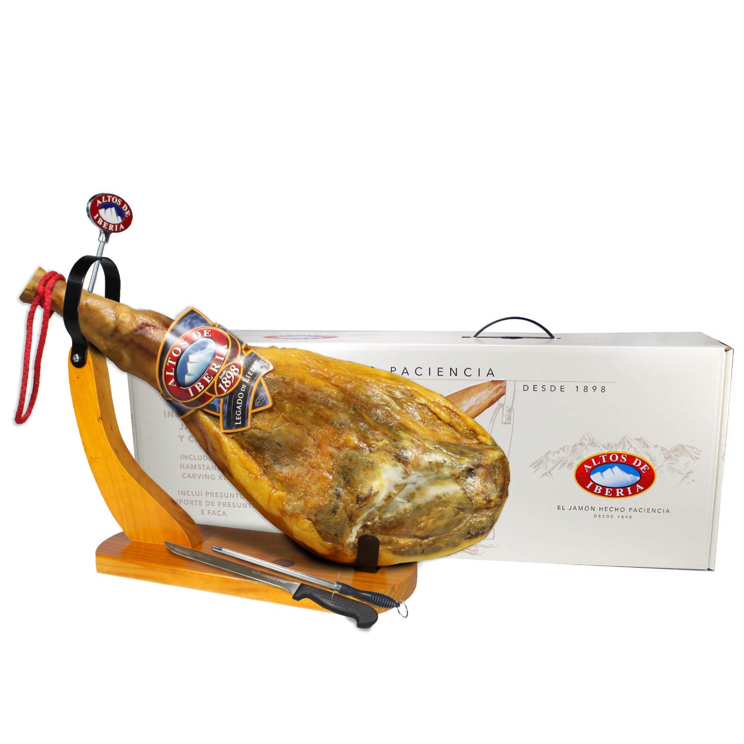 Altos de Iberia Serrano Ham Spain - Includes Ham Stand, Ham Knife, and Sharpener - Min. Weight 14lb - Great Family and Friends Gift - GMO Free and Gluten Free