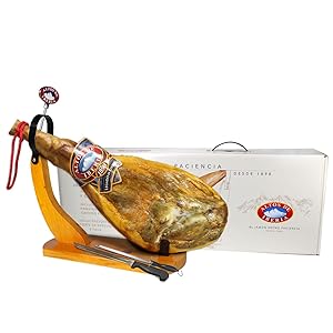 Altos de Iberia Serrano Ham Spain - Includes Ham Stand, Ham Knife, and Sharpener - Min. Weight 14lb - Great Family and Friends Gift - GMO Free and Gluten Free