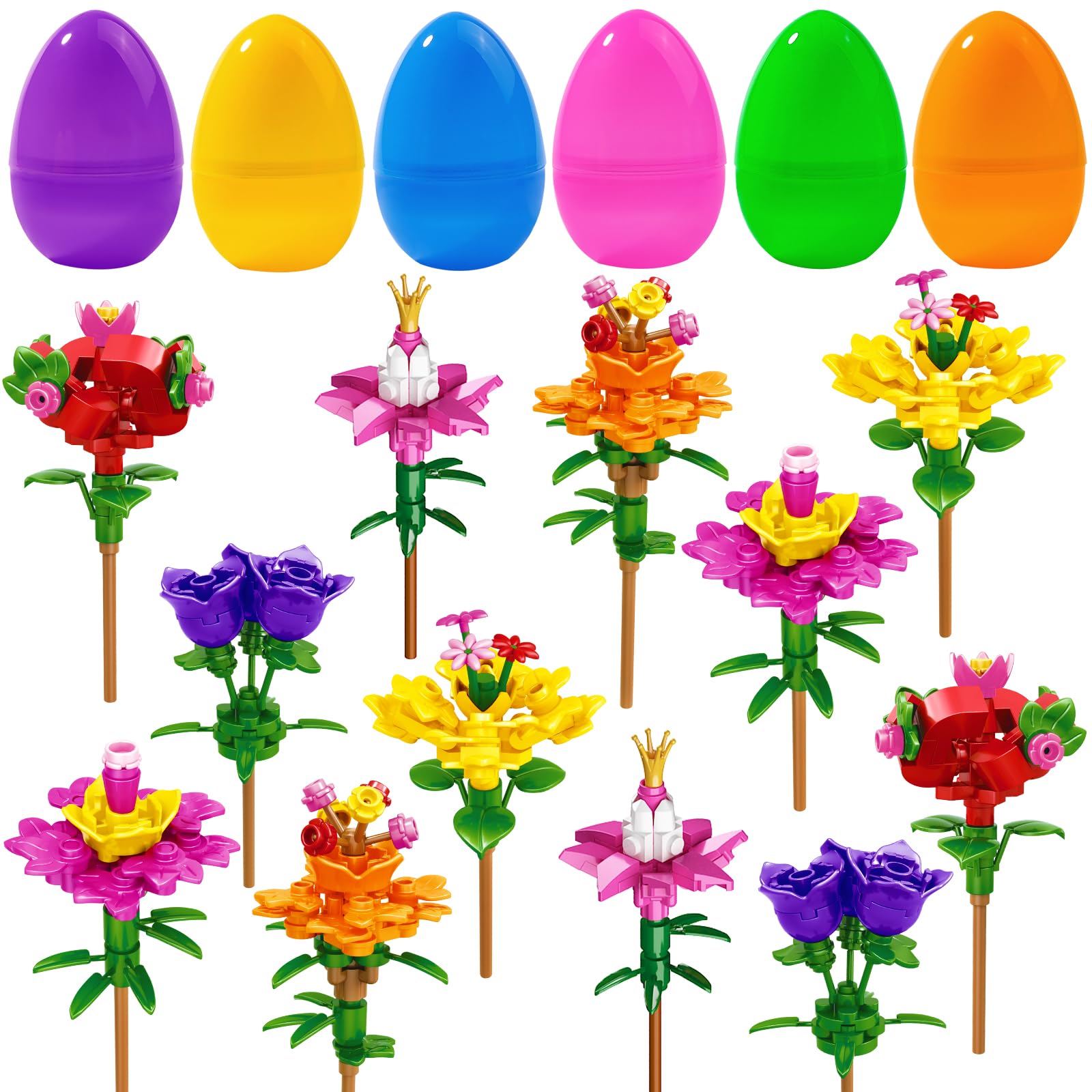 DIYDEC 12PCS Easter Flower Building Blocks with Easter Eggs Toys Building Brick Blocks for Party Favor Easter Basket Stuffers Toys Stacking Block Sets for Kids Adults Classroom Prizes Gifts