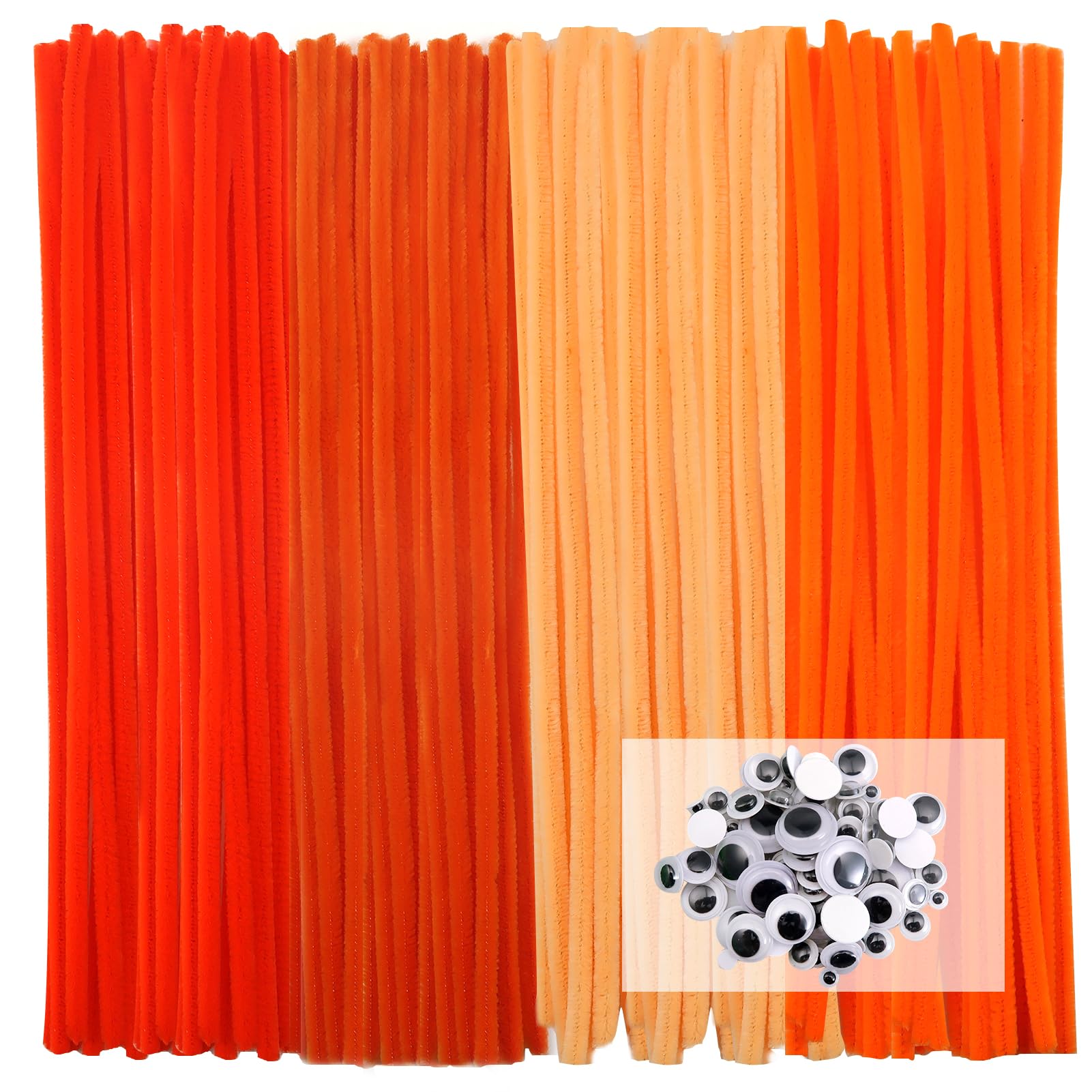 TOAOB 100pcs Orange Pipe Cleaners for Craft 30cm Long Chenille Stem 6mm Thick Fuzzy Sticks Craft Supplies with Wiggle Googly Eyes for DIY Flowers Projects Home Decorations