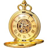 Kchss Mechanical Roman Numerals Dial Skeleton Pocket Watches with Box and Chains for Mens Women