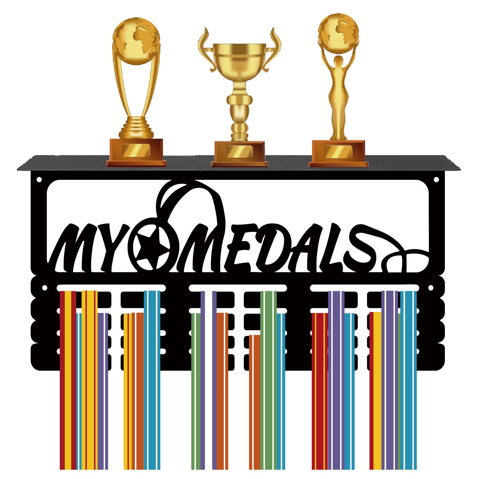 CREATCABIN Medal Trophy Holder Medal Hanger Display with Shelf Stand Sports 4 Rows Wall Mount Hold 70+ Medals for Gymnastics Dance Soccer Running Race Swimming Awards Rack 15.7 x 7.9 Inch-My Medals