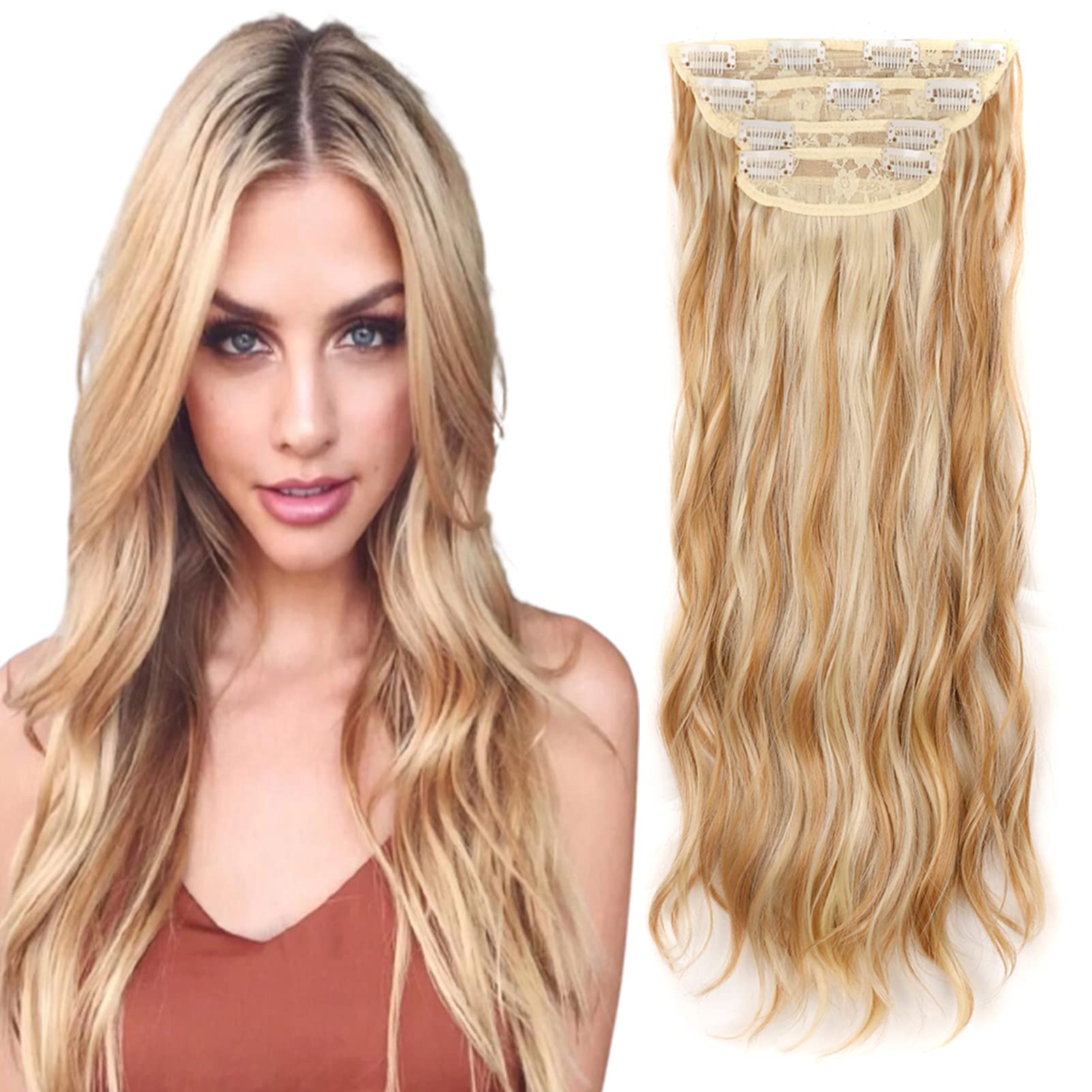 Cybelleza Clip in Hair Extensions Long Curly Wavy Hair Extension 4PCS Dark Blonde Mix Bleach Blonde Thick Full Head Hairpieces Synthetic Fibre for Women,22inch 180g — image 1