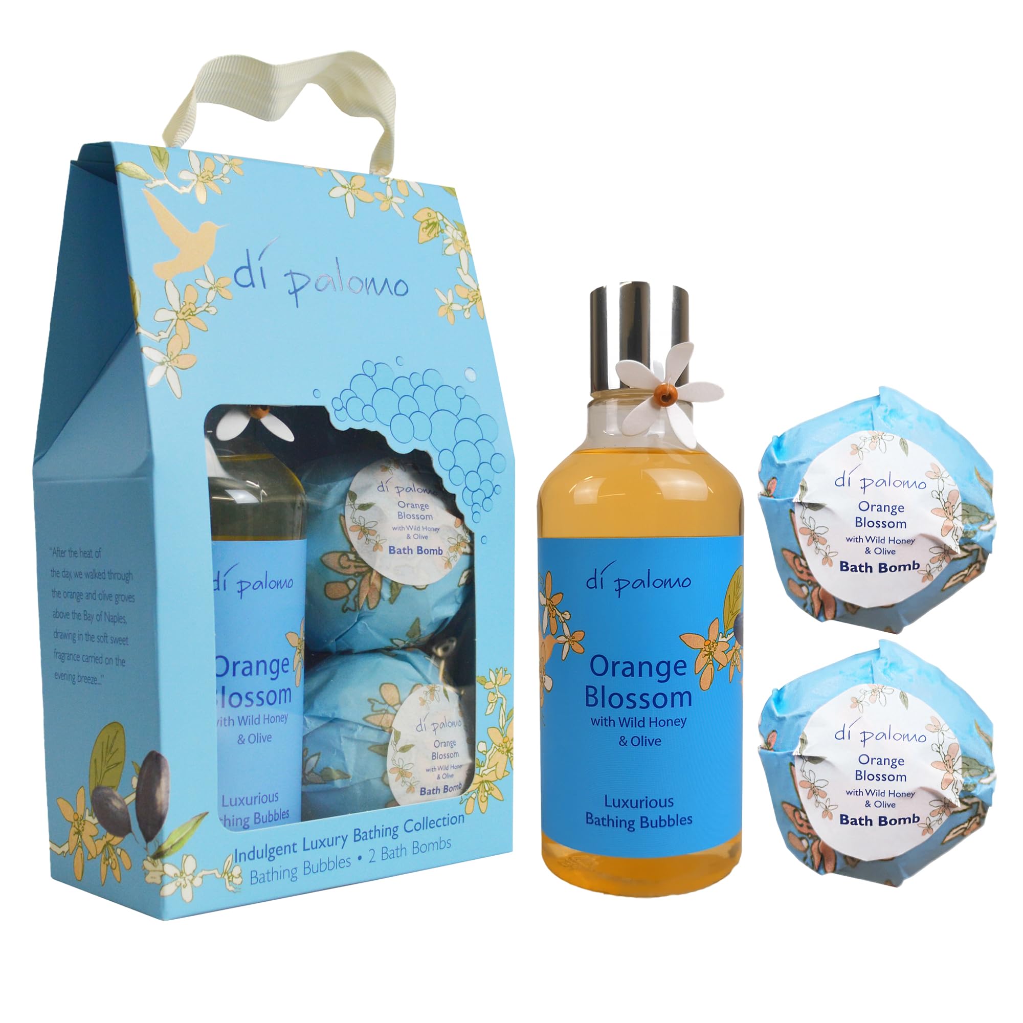 Di Palomo Orange Blossom & Honey Indulgent Luxury Bathing Collection. Bathing Bubbles 300ml & 2 Bath Bombs. Bubble Bath Body Wash & Bath Bomb Bath Set. Bubble Bath & Shower Gel Gifts for Women.