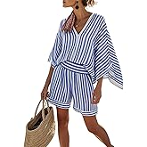 Women's Unique Blue and White Striped V-Neck 3/4 Sleeve Top and Pants 2026 Summer Stylish Comfortable For Casual Wear