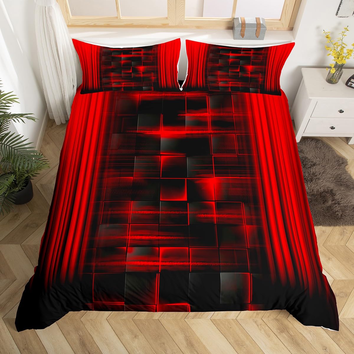Kids Red and Black Bedding Set Ombre Duvet Cover Double Size for Boys Girls Teens Bedroom Decor Ombre Effects Comforter Cover Set Square Strip Lines Bedspread Cover With 2 Pillow Case — image 1