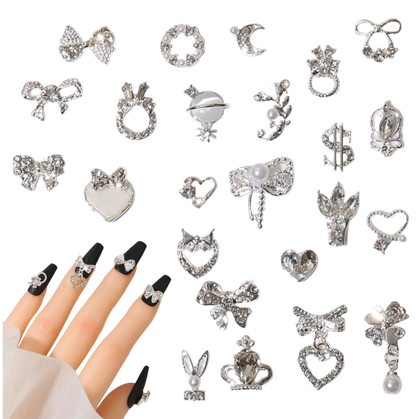 3D Nail Charms, 24 Pcs Shiny Nail Rhinestones Gems Heart Bow Dangle Nail Art Charms Silver Metal Nail Jewelry Luxury Nail Art Decoration for Nail Design DIY Crafts (Silver) — image 1