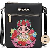 Frida Kahlo Viva La Vida Crossbody Bag, Black Floral Art Design, Multi-Compartment with Gold Hardware and Patent Leather