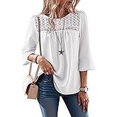 Dokotoo Women's 2025 Fall Fashion Tops 3/4 Sleeve Crewneck Shirts Casual Chiffon Boho Lace Blouses