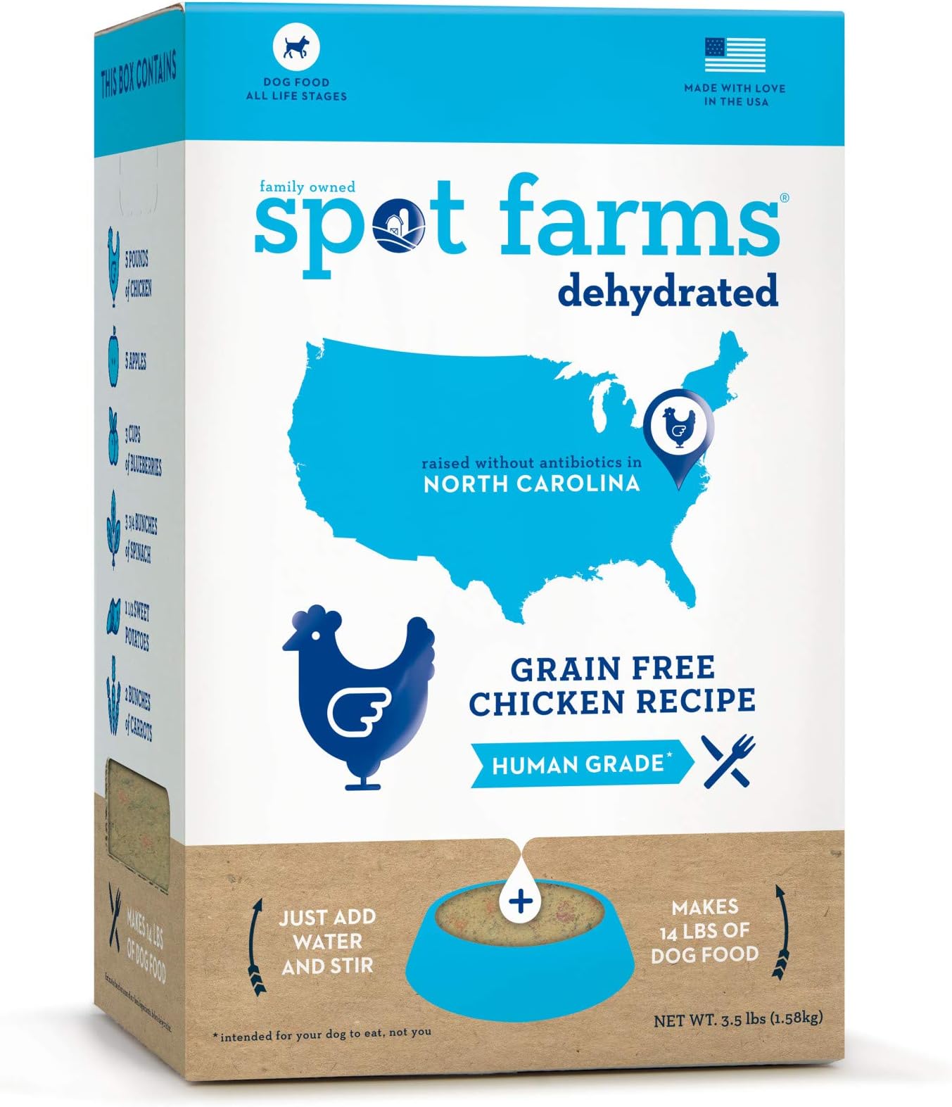 Spot Farms Natural Chicken Dehydrated Dog Food Human Grade Grain Free 3.5 lbs Makes 14 lbs (97508)