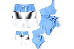 PATPAT Family Matching Swimsuits: Mommy and Me One Shoulder Colorblock Bathing Suits One Piece Swimwear Sets
