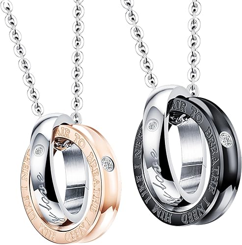 Amazon Rockyu アクセサリー ステンレスペアネックレス 2連リング 18金 ペアネックレス カップル 18k ピンクゴールド 人気 ブランド ネックレス 通販