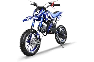 BLAZEGO 49cc Kids Dirt Bike, 2-Stroke Gas Powered Dirt Bike, Motorcycle with Off-Road Tires, Front/Rear Disc Brakes, Shock Absorption, Soft Seat Cushion, Mini Dirtbike for Kids 8-14, Bule