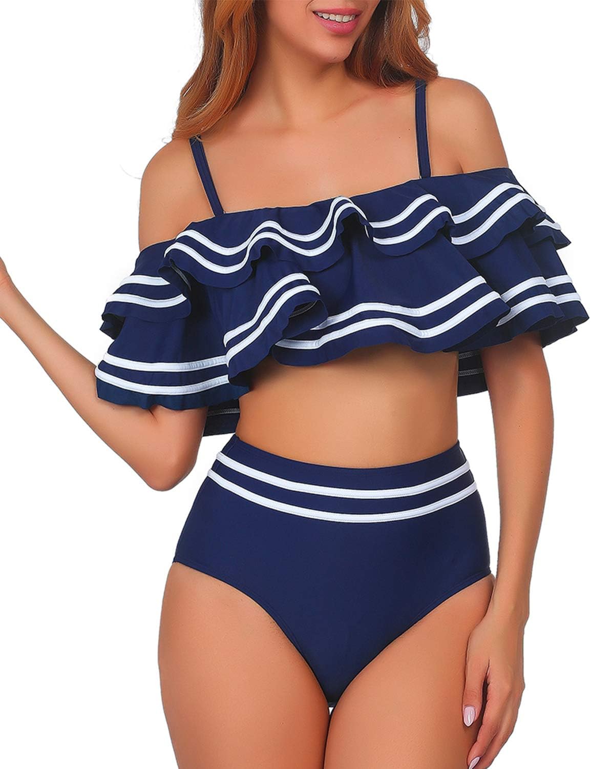 Women 2 Piece Vintage Navy Ruched Flounce Off Shoulder Crop Top with High Waist Bottom Bikini Set Swimwear Swimsuit