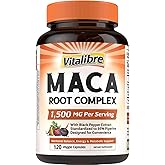 Vitalibre Maca Root Capsules for Women & Men, 1500 mg Maca Root Per Serving, with Black Pepper for Max Absorption, 95% Piperine, Vitality, Mood, Metabolic Support, 120 Capsules