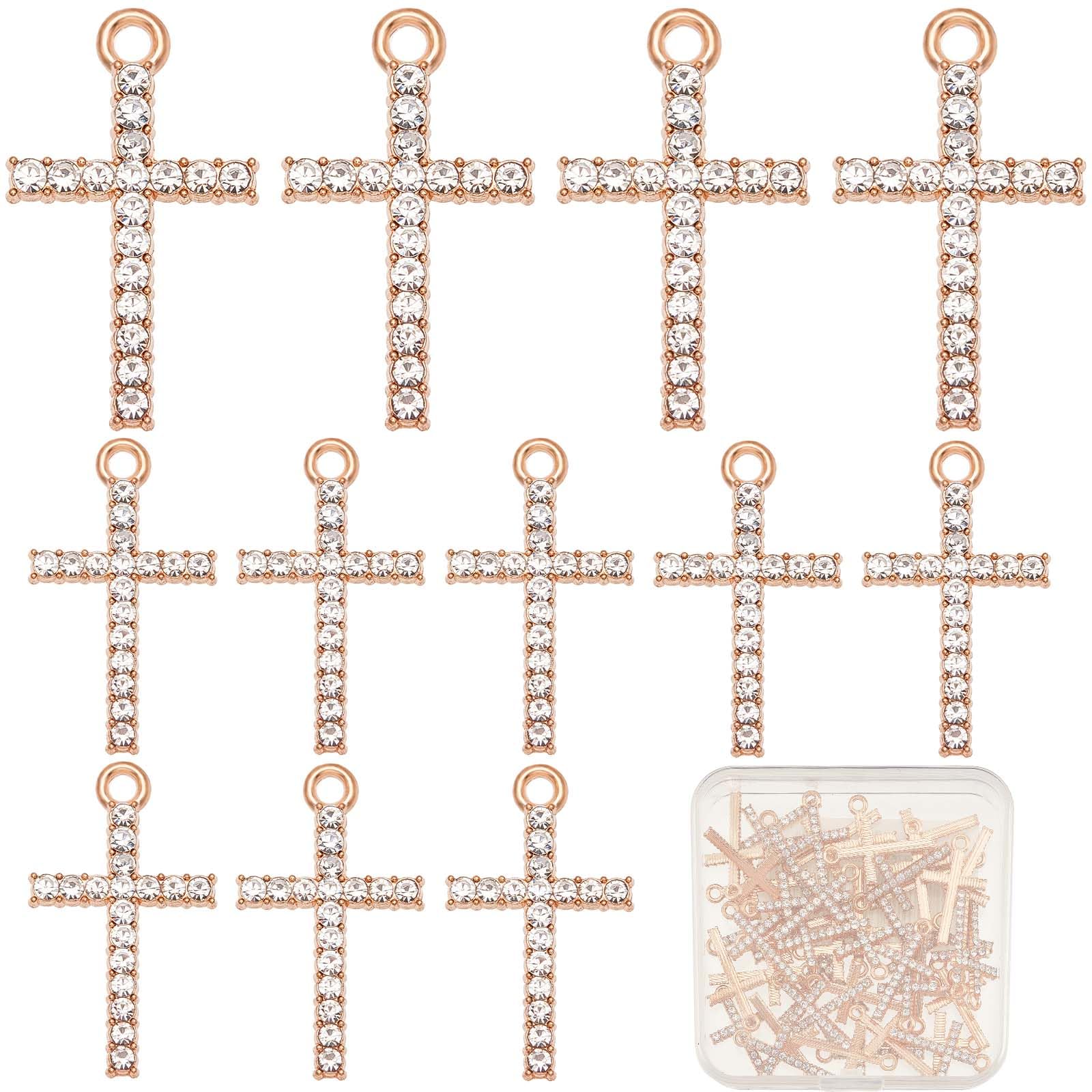 SUNNYCLUE 1 Box 50Pcs Rshinestone Cross Charms Cross Metal Charms Rosary Golden Crystal Shiny Small Crosses Charm for jewellery Making Charm DIY Earring Bracelet Necklace Craft Women Adult Supplies