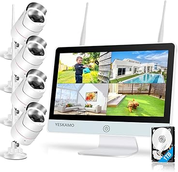 Amazon Com Floodlight Wireless Security Camera System With 12 Monitor 2 Way Audio Yeskamo Outdoor 3mp Wifi Ip Cameras Ai Human Detection Siren Alarm 1080p Hd Screen Home Surveillance System With Hard