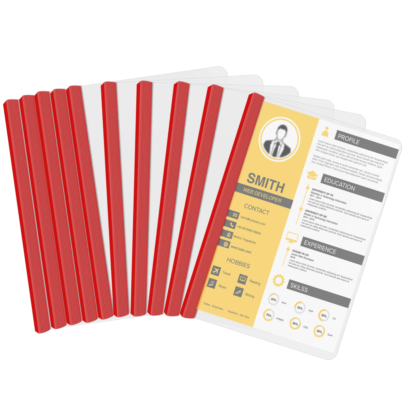 10pcs Clear Slide Binder File Folder, Plastic Transparent A4 Document Cover with U Type Sliding Bar for Office File Organizer. Holds Up to 40 Sheets Projects (Red)