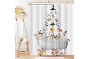 CANESSIOA Cute Raining Dogs Shower Curtain,Funny Dog Cartoon Corgi Kids Shower Curtains Hilarious Cute Animal Pets Playing Water Design Paw Pattern Children Bath Curtain Waterproof Fabric with Hooks,72''x72''